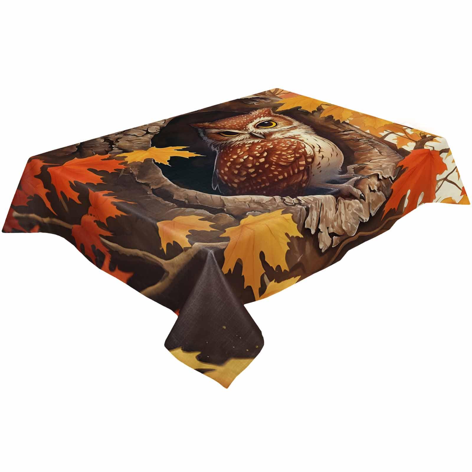 Fall Tablecloth Rectangle 60 x 102 Inch, Orange Red Maple Leaves Animal Owl Table Cloth Waterproof and Oil Proof Table Cover Decor for Kitchen Dinning Party Tabletop Outdoor