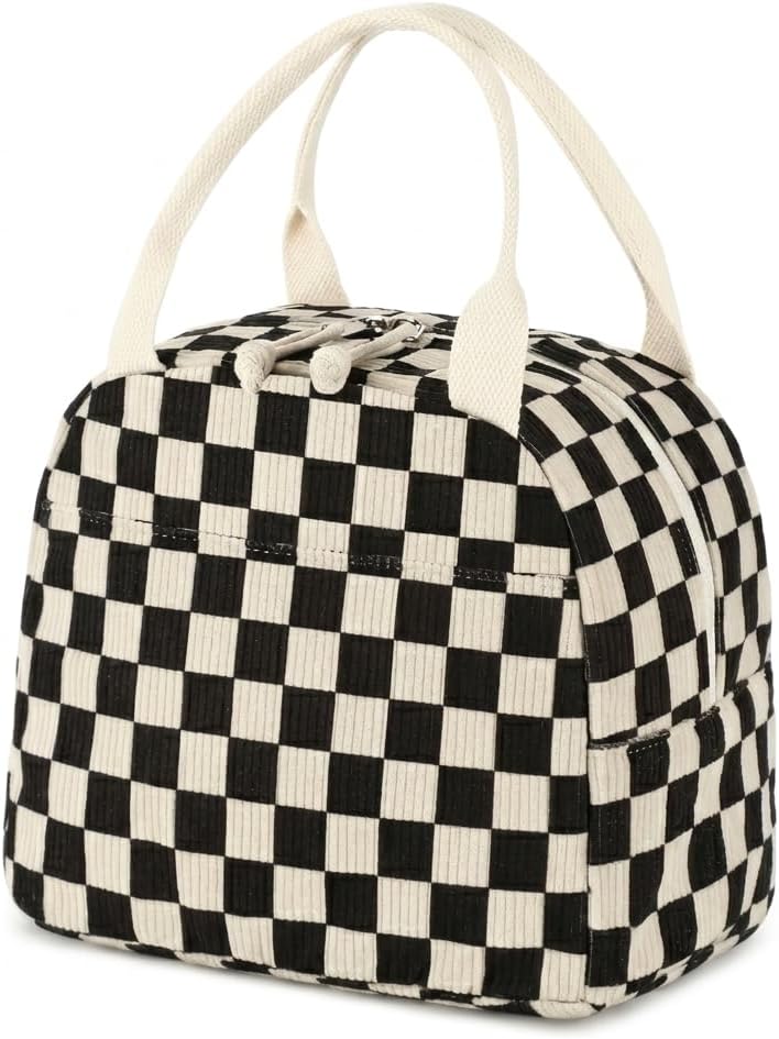 Corduroy Insulated Lunch Tote with Front Pocket for Women & Men Leakproof Reusable Meal & Food Bag, Large Capacity for Office, Picnic & Travel Checkered Black