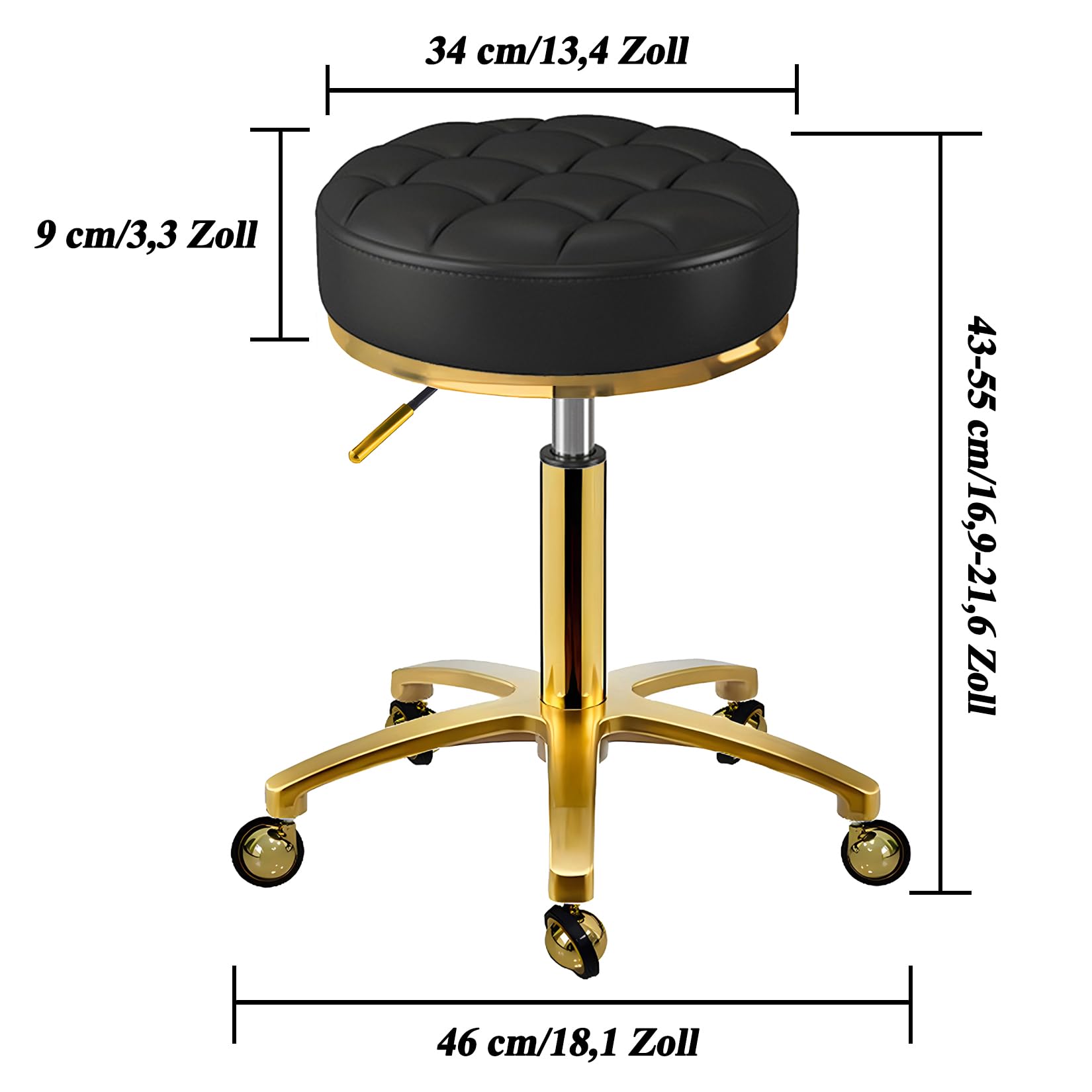 Rollhocker Gold Hocker mit Rollen, Rund Drehhocker Höhenverstellbar 43-55 cm, Komfort PU Leder Bürohocker Arbeitshocker Belastbar Bis 150kg, Schminkhocker für Massage Salon Spa (Schwarz)