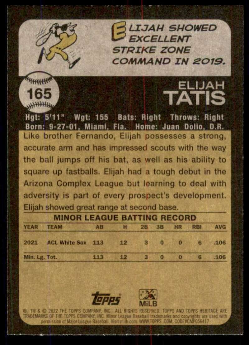 Amazon.com: 2022 Topps Heritage Minors #165 Elijah Tatis ACL White
