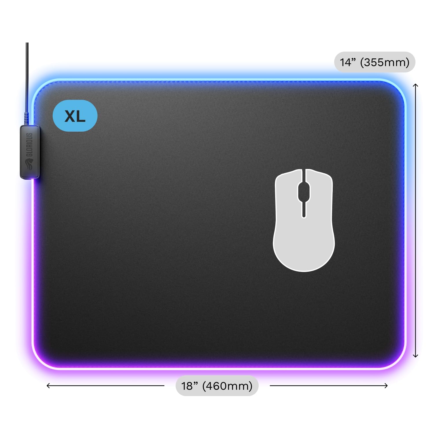 Glorious Gaming Tappetino Mouse GMP 2 GLED XL – 2 zone RGB, bordo InfiniGlow senza cuciture, superficie tessuto premium, base gomma antiscivolo, optima­le per gaming – 465 mm×355 mm×3 mm – Desk mat