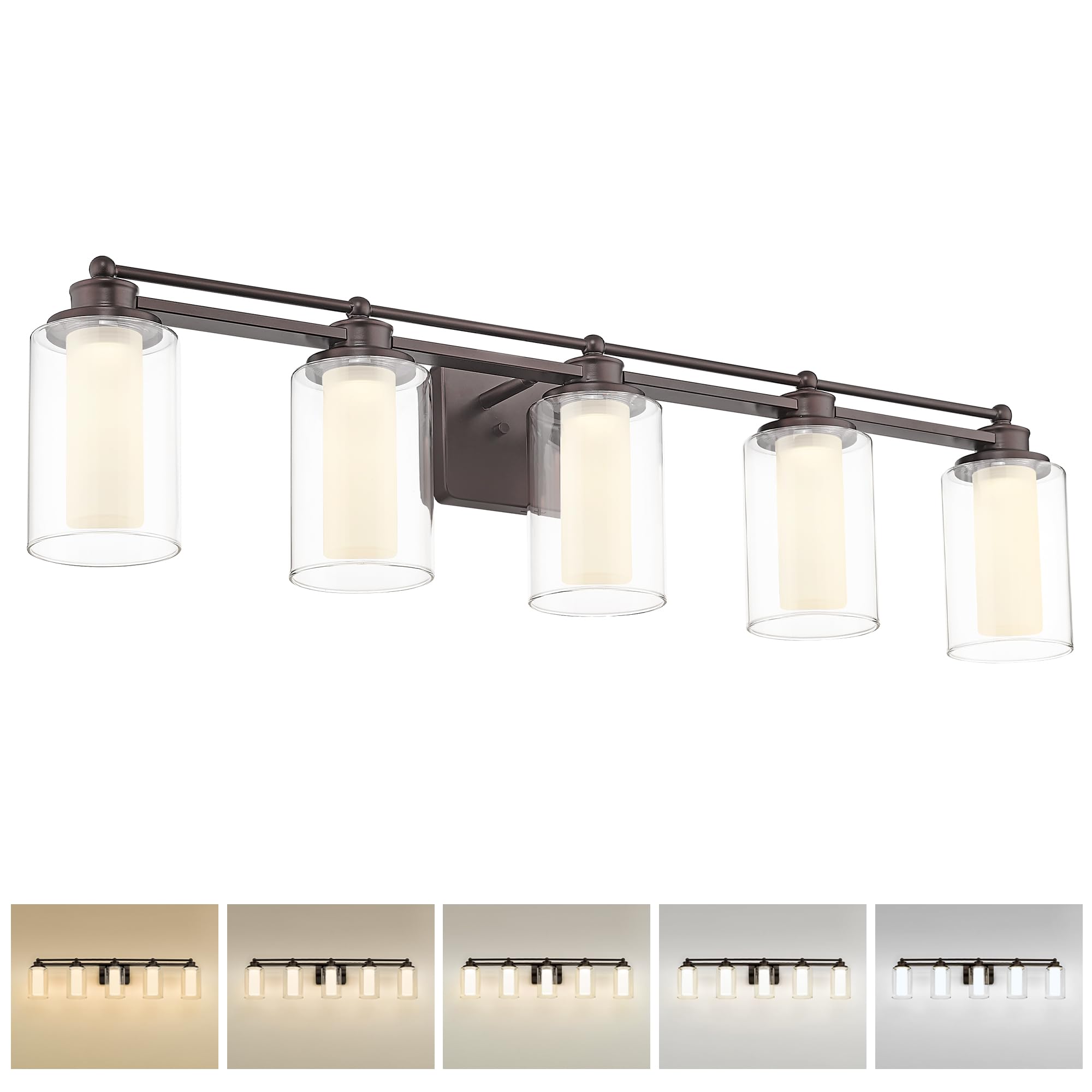 HWH 5-Light Bathroom Vanity Light Fixture, Oil-Rubbed Bronze Bathroom Lights Over Mirror, 30W 5CCT Dimmable LED Vanity Lights with Clear Glass, 5HLT63B-5W-LED ORB