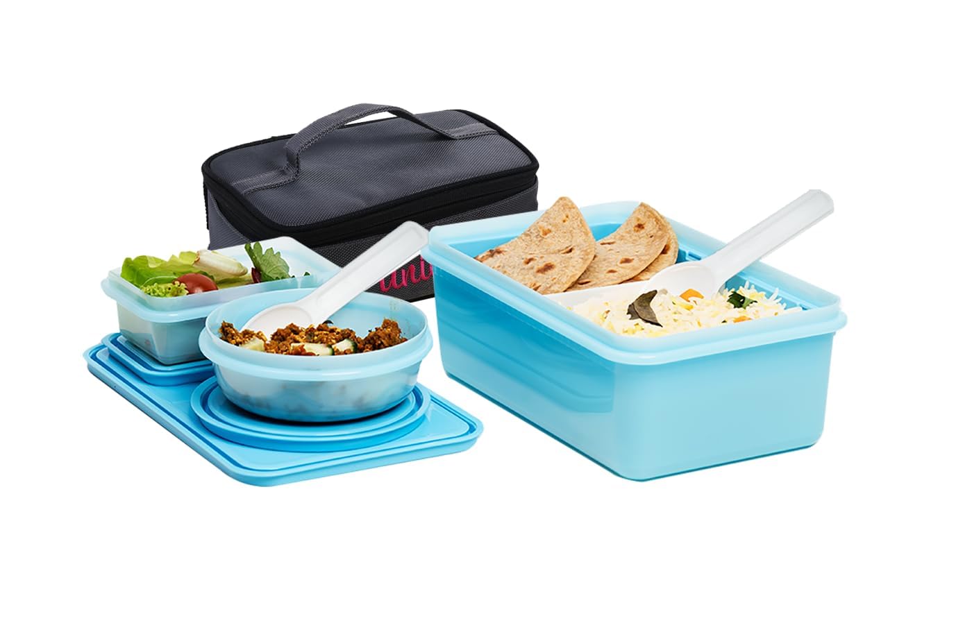 Unica 1K Office Lunch Box with Pouch, Compartment Lunch Containers with Adjustable Separator, Adult Lunch Box with Air Resistant Container, Clip-on Spoon & Fork, Dishwasher & Microwave Safe, Blue