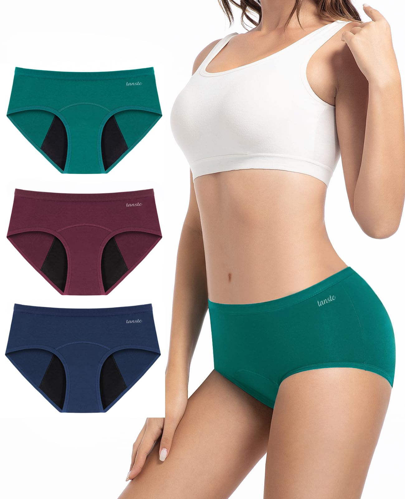 TANSTC Mutande Mestruali Donna Assorbenti, Slip Donna Cotone Ciclo Protettive Periodico Intima Mestruale Ecologico con 4 Strati Anti Perdite Lavabili, Mutande Donna Cotone, 3 Pezzi