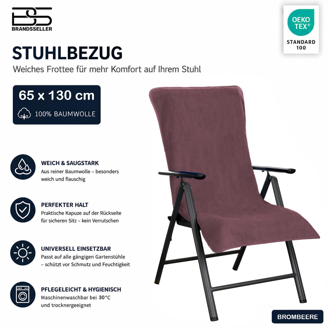 Brandsseller Housse en Éponge pour Chaise de Jardin 65x130 cm – Coussin de Siège d'Extérieur en Coton 100% – Serviette XL Confortable, Antidérapante, Lavable, Certifiée Oeko-Tex – Mûre