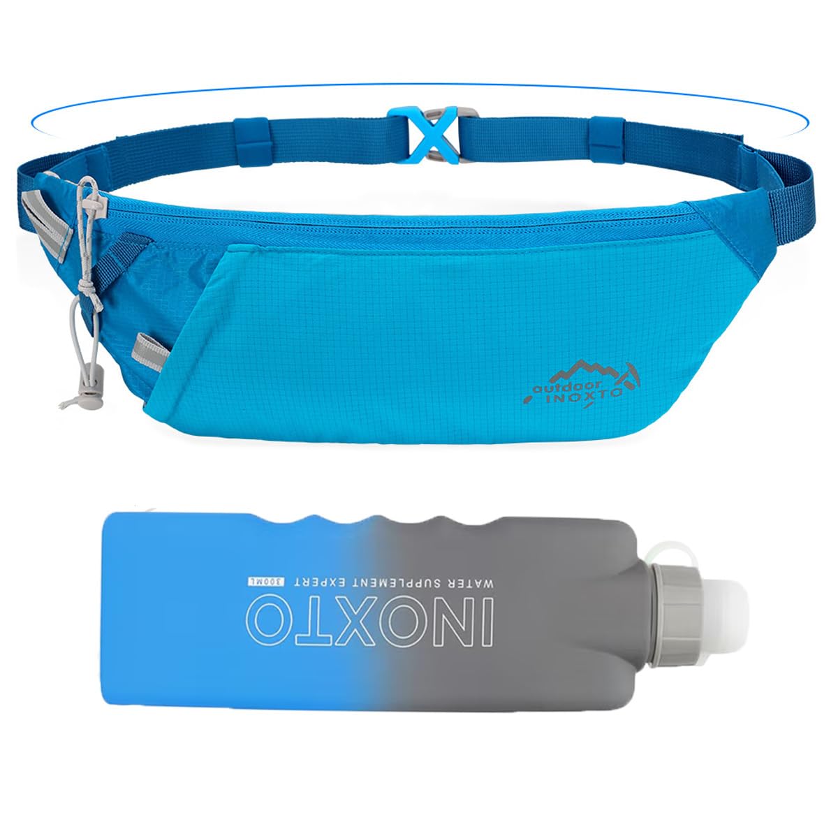 INOXTO Slim Running Belt Fanny Pack for Women and Men Sports Waist Bag Pack with 300ml Water Bottle for Running Walking Cycling Hiking Reflective Running Pouch Belt for All Phones, Blue, Sport