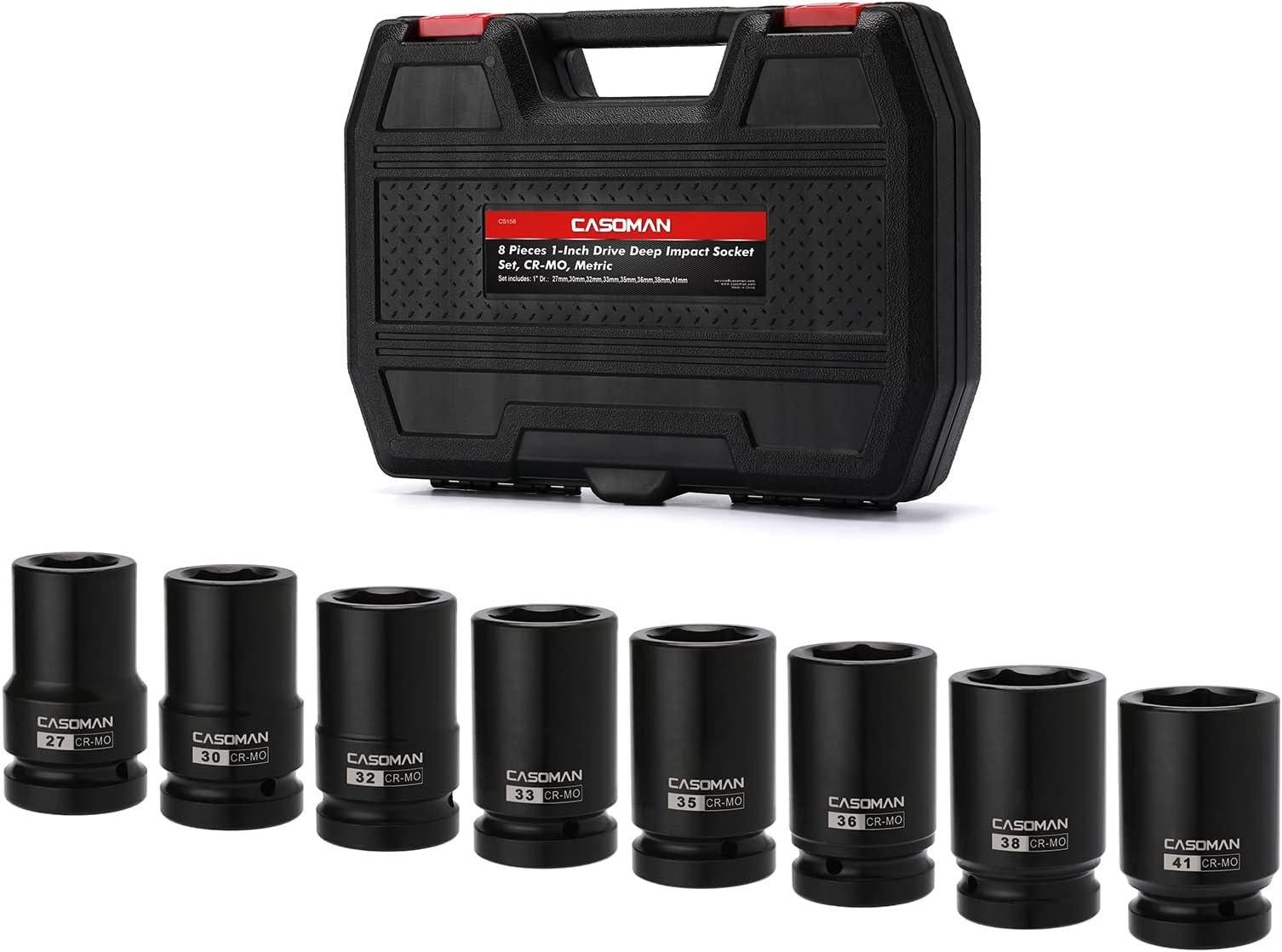 CASOMAN 8 Pieces 1-Inch Drive Deep Impact Socket Set, CR-MO, Metric, 6-Point, Heavy Duty Wheel Impact Socket Set