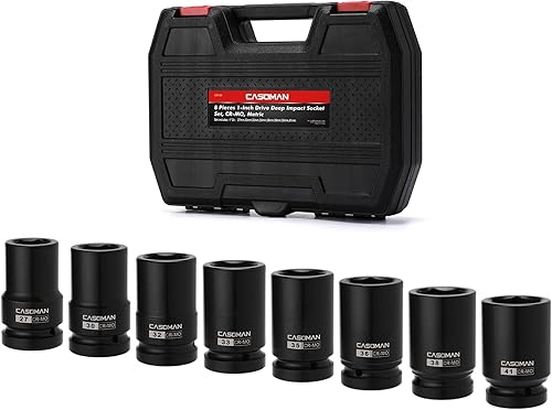 CASOMAN Juego de 8 llaves de impacto profundo de 1 pulgada, CR-MO, métricas, 6 puntos, juego de llaves de impacto de rueda resistentes