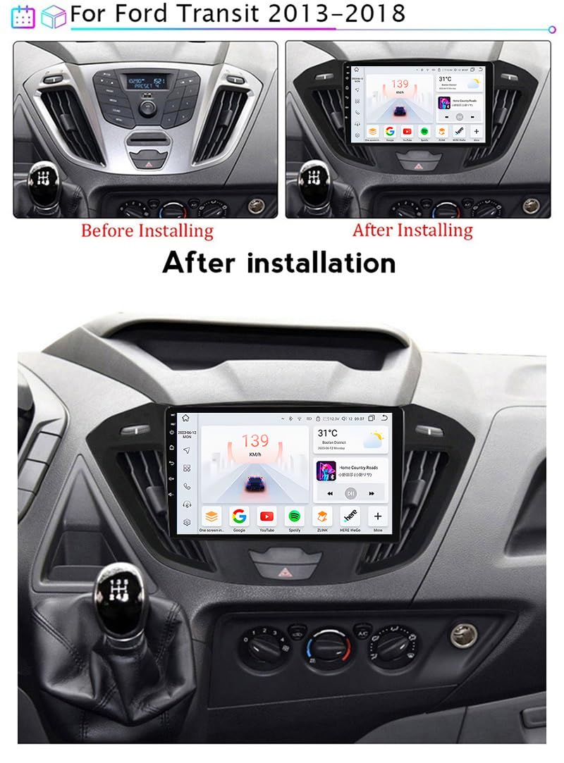 Android 15 Radio de Coche de Autoradio para Ford Transit 2013-2018, 9 Pulgadas Radio De Coche con Pantalla Táctil FM RDS Mirror Link Control De Volante BT Manos Libres Call,4CoreWifi1G+16G