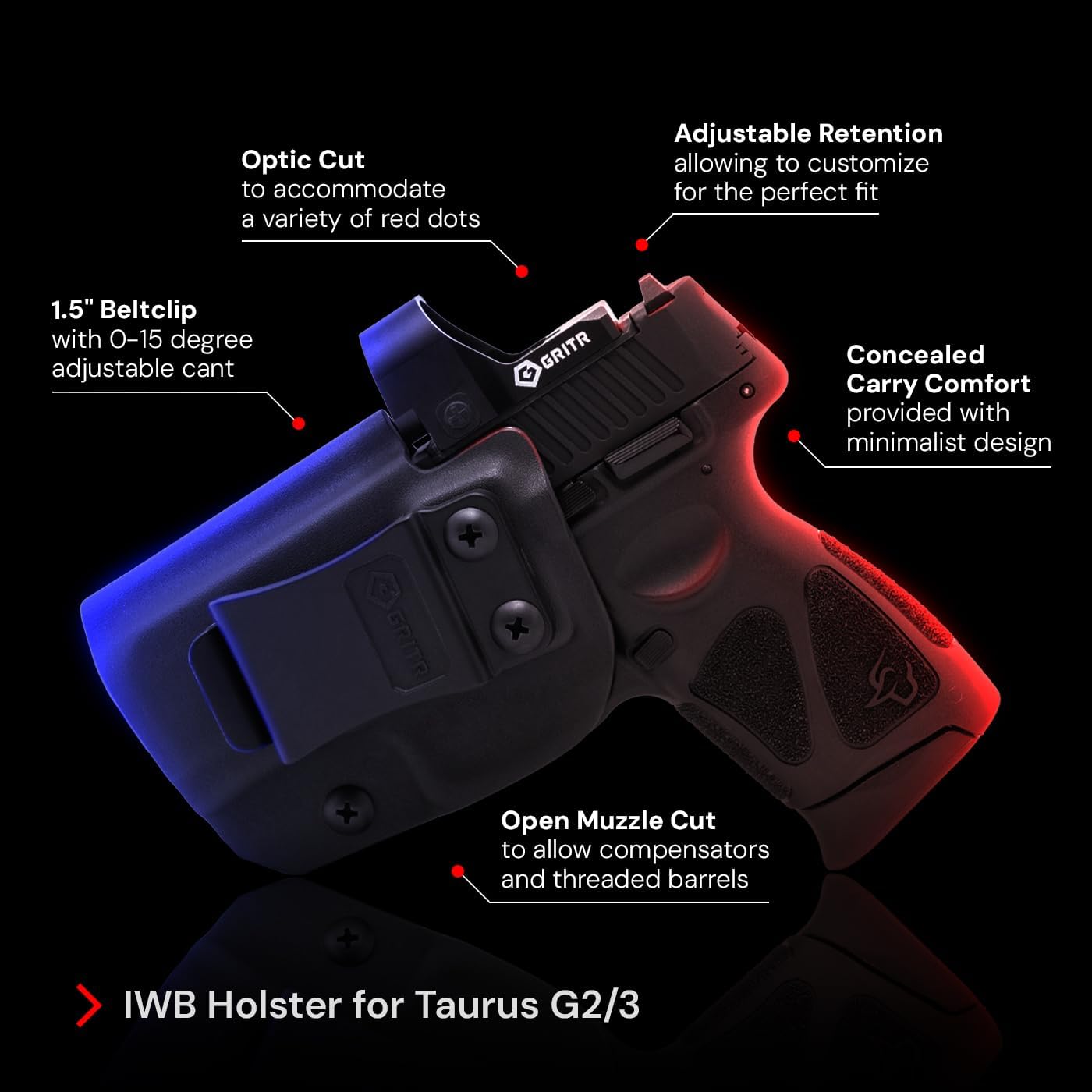 GRITR IWB Kydex Left Hand Gun Holster Compatible with Taurus G2/G3 with 1.5" Belt Clip, Open Bottom, Optic Cut, Adjustable Retention