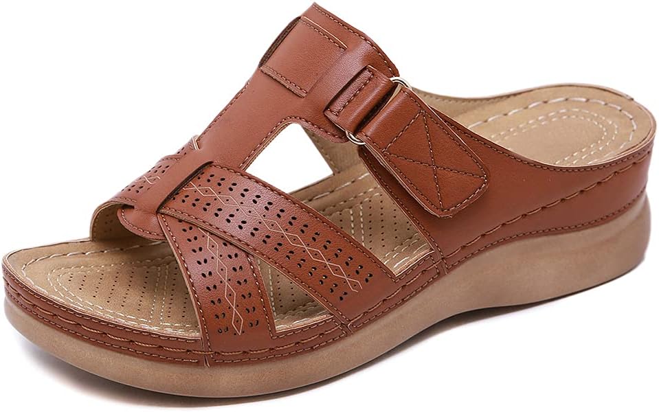 QUEYU Women Premium Orthopedic Open Toe Sandals Vintage Anti-slip Breathable Arch Support Sandals Walking Shoes for Summer, Brown, 42 EU
