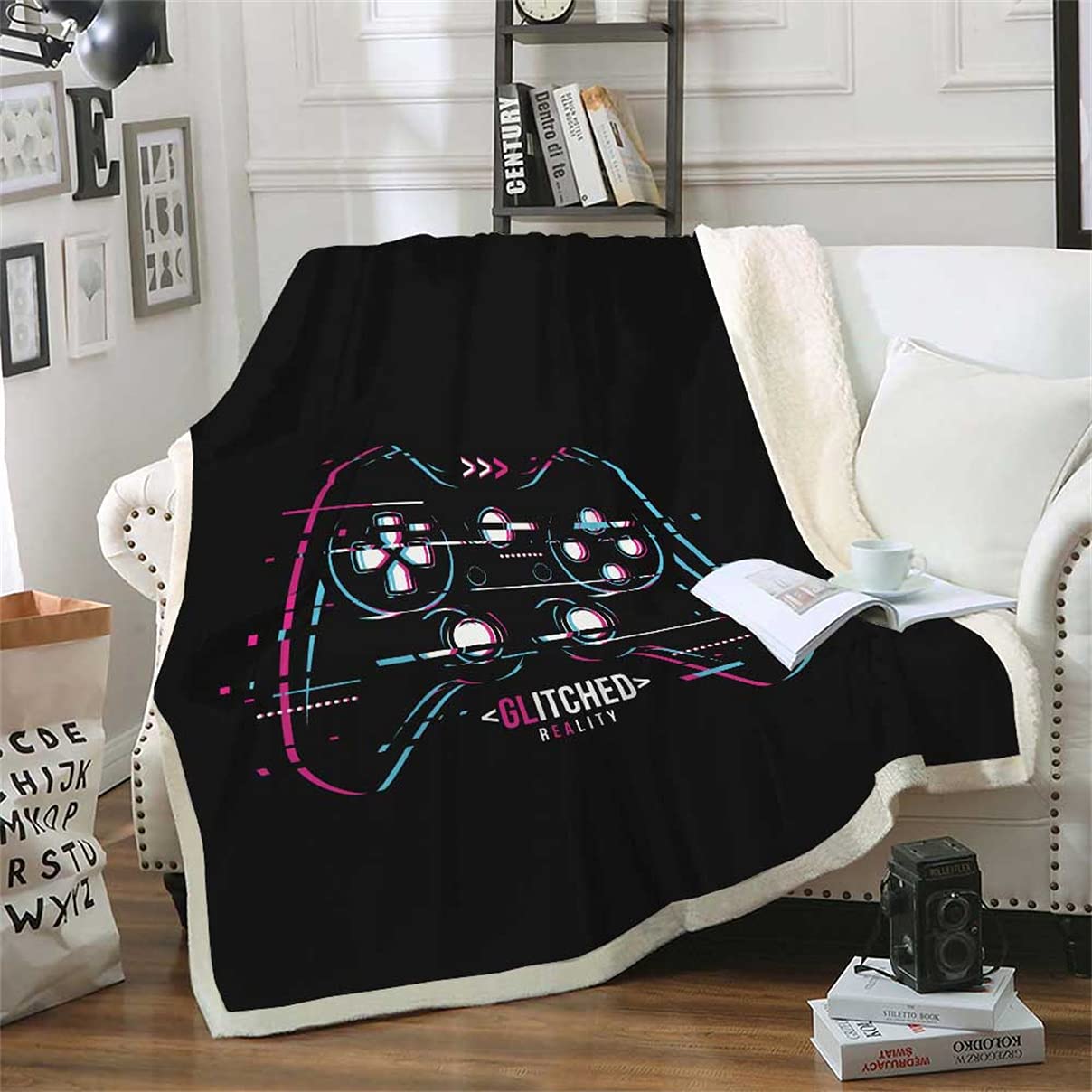 Blanket Sherpa Gamer Blanket Cartoon Game Control Button Child Adult Teenager Microfiber Warm Sofa Bed Blanket Quilt Video Games Blanket Autumn Winter (Black,150x200cm)