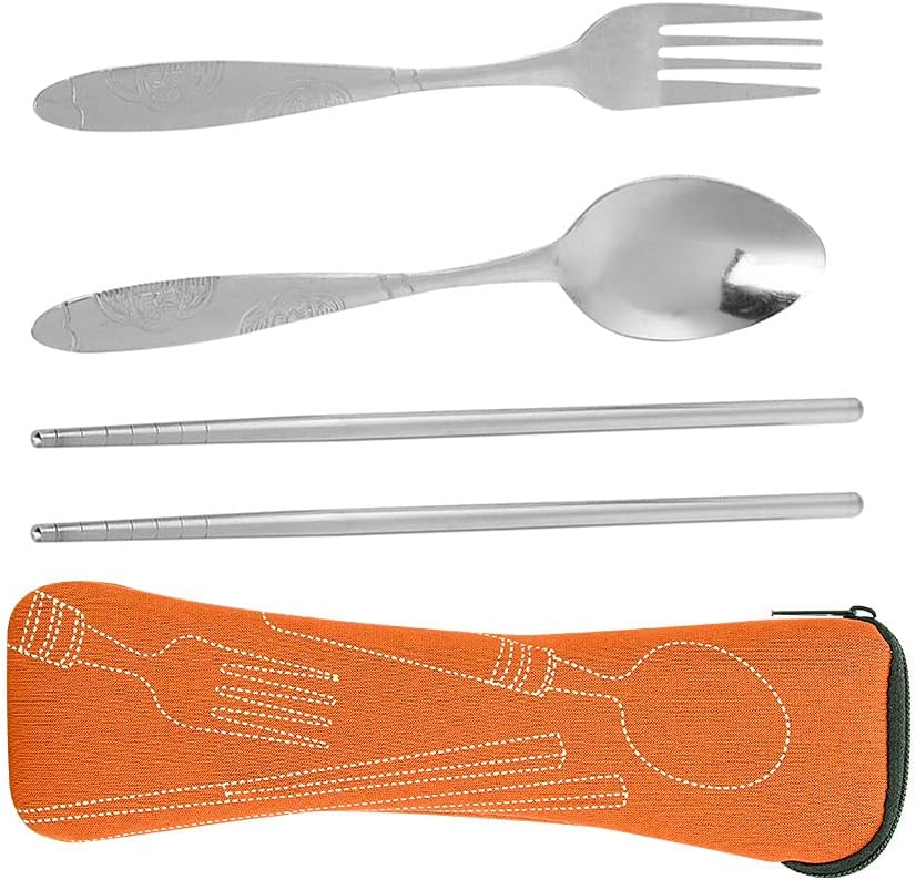 Horoper Travel Utensils Stainless Steel 4pcs Cutlery Set Portable Stainless Steel Spoon Fork Chopsticks with Storage Bag Camping Cutlery Tableware Set Include Fork Spoon