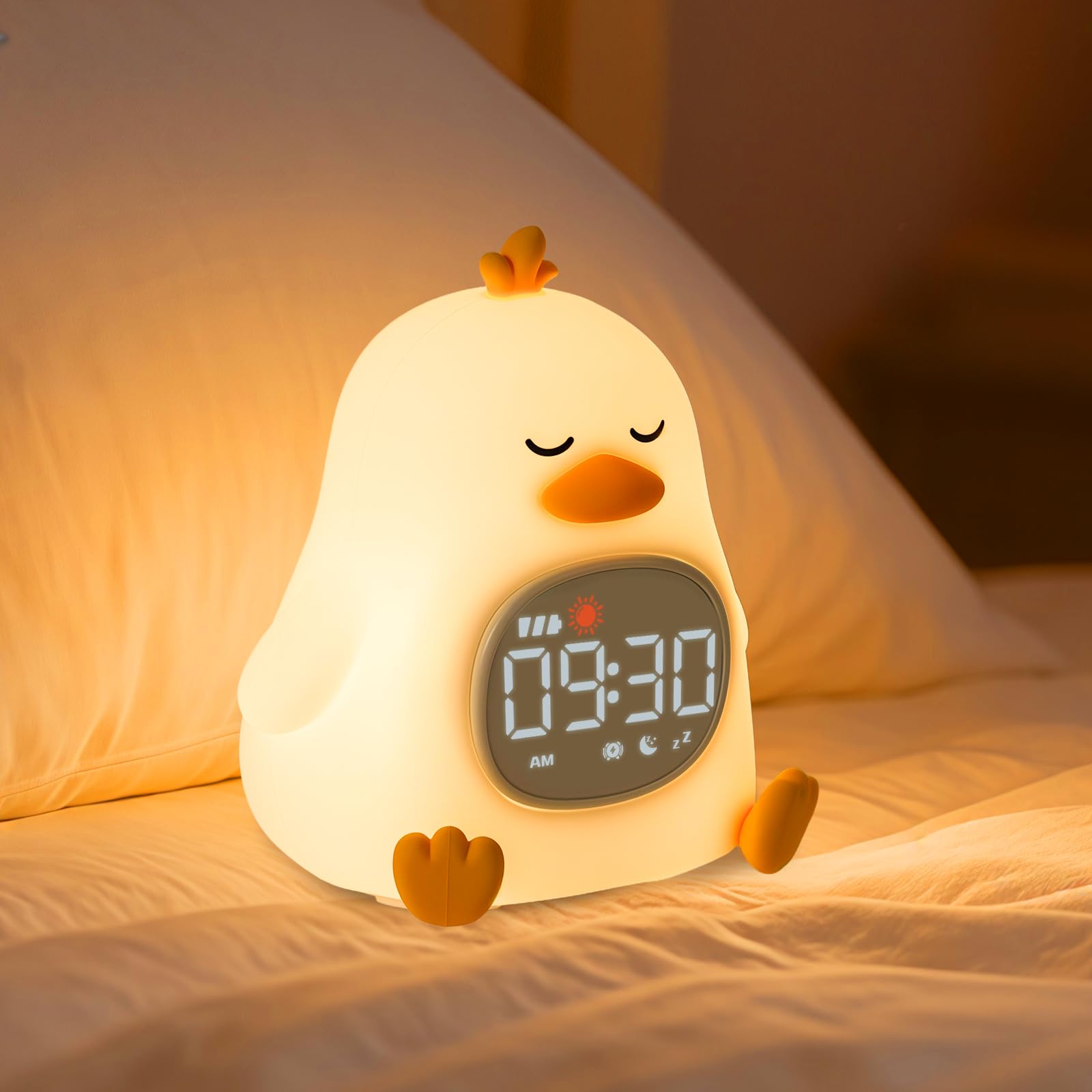 Alarm Clock with Night Light for Kids, Sleep Training Clock with Sound Machine, Rechargeable Silicone OK to Wake ClockCute Animal Tabletop Lamp, Perfect Sleep Companion for Boys Girls, Sleepy Duck