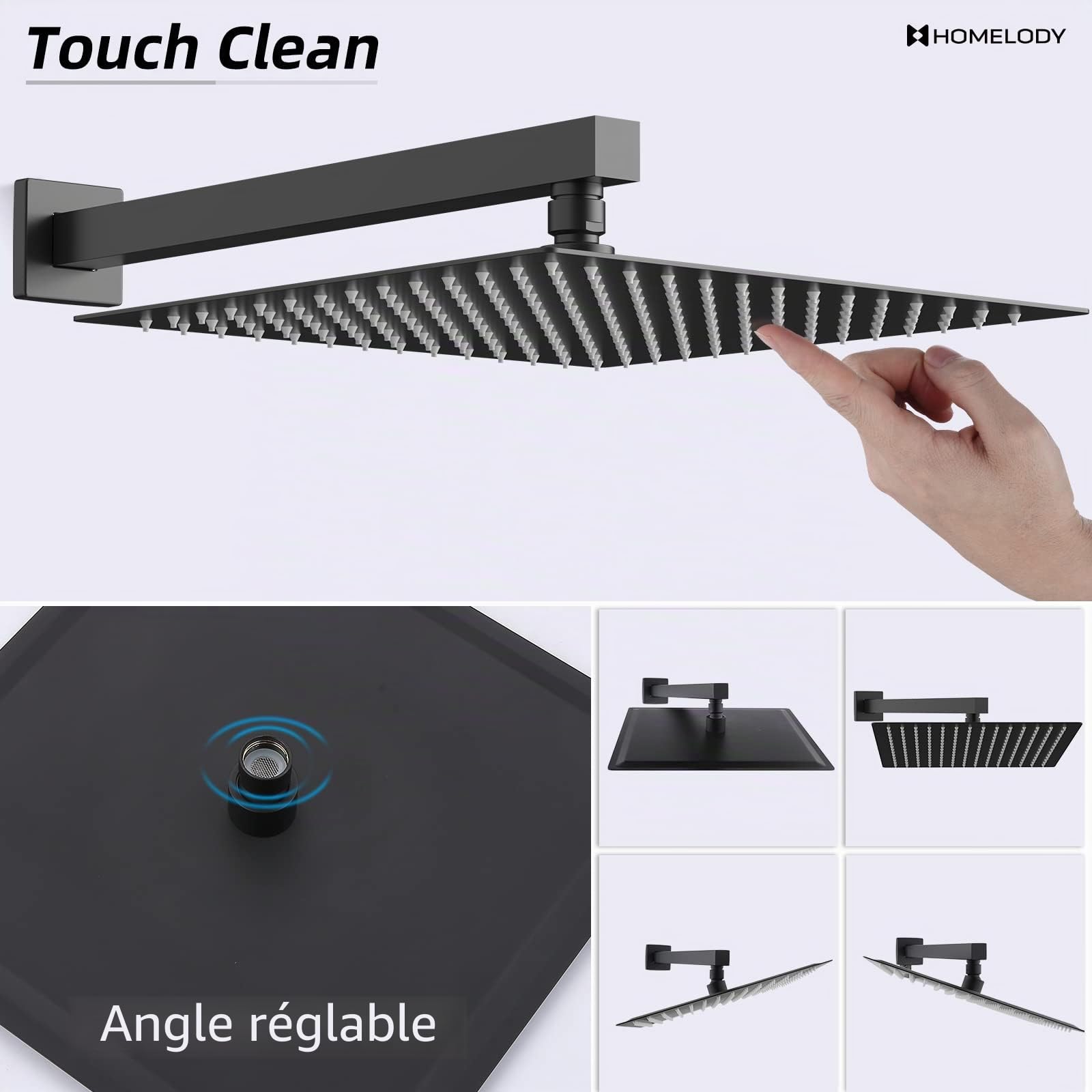 HOMELODY Encastré Ensemble de Douche Noir Système, Ensemble Douche Thermostatique 38°C, Pomme de Tête 12 Pouces, Pack de Douche Encastrée y Compris Douchette, Corps en Laiton