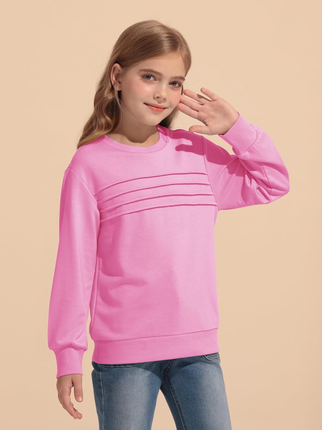 Haloumoning Kids Girls Crewneck Sweatshirt Casual Long Sleeve Pleated Front Casual Fall Pullover Tops 5-14 Years - Image 3