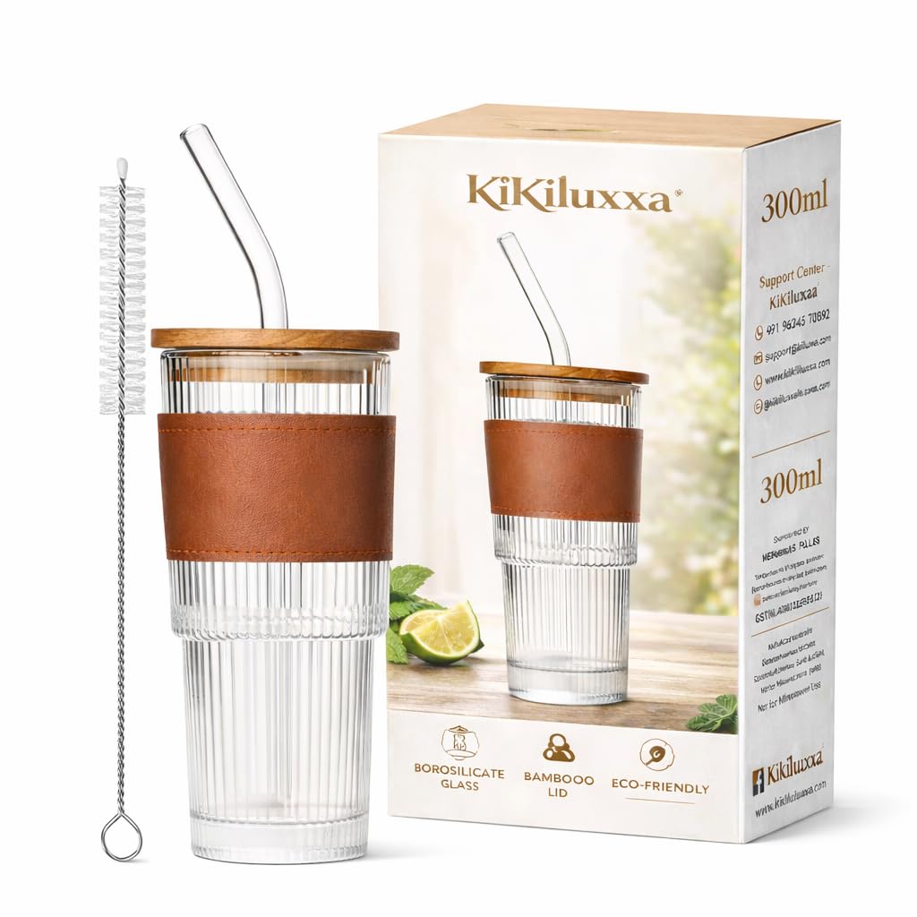 KiKiluxxa 300ml Ribbed Glass Tumbler with Lid & Luxury Gift Box | Reusable Glass Straw & Cleaning Brush | Premium Coffee & Juice Cup for Birthday, Diwali & Corporate Gifts (Rezantya BR 1)