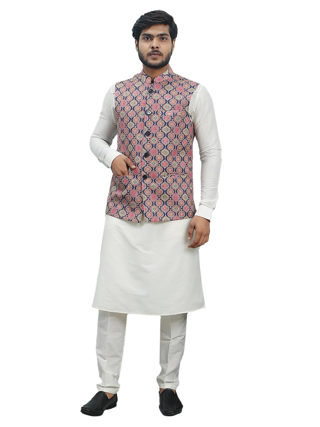 see designs Men Off White Kurta Pajama And Blue Digital Print Cotton Nehru Jacket-picture-16