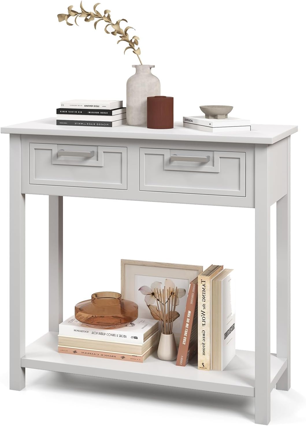 DORTALA Console Table, Sofa Table with 2 Drawers and Bottom Shelf, 110 LBS Weight Capacity Entryway Table W/Solid Wood Legs, Multipurpose Accent Table for Living Room, Bathroom, Hallway, White