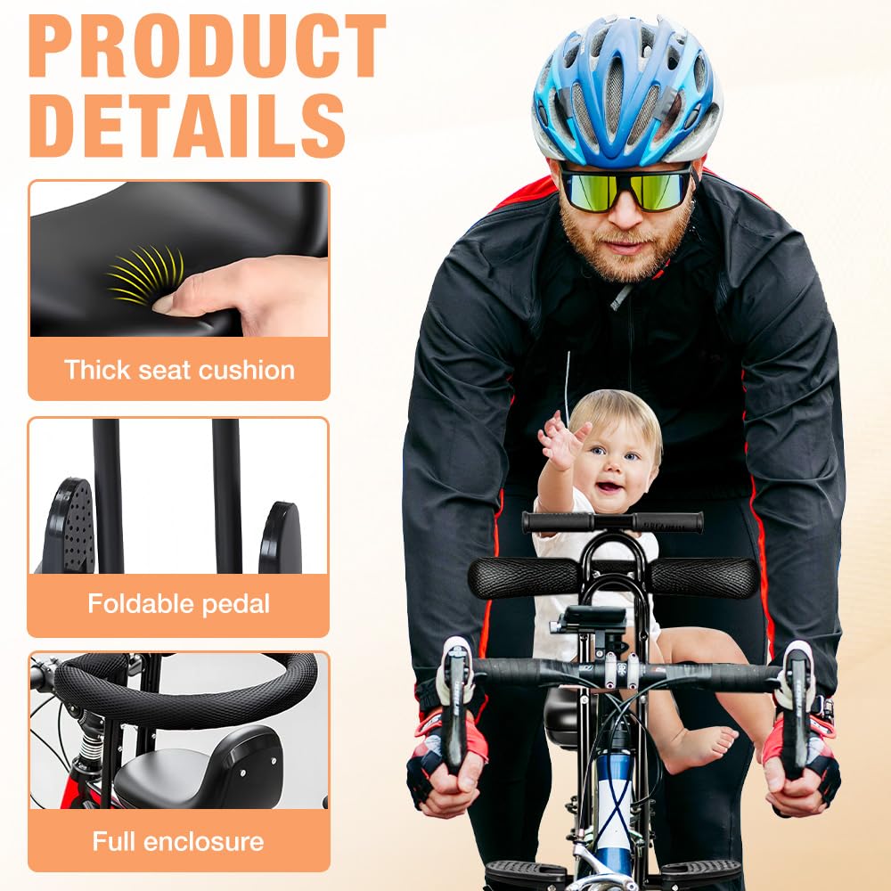 Fahrrad Kindersitz Vorne, Verstellbarer Mountainbike Kindersitz (39-49cm) Mit Sicherheitsgurt, Fußstützen, Rutschfesten Handgriffen, Kinderfahrradsitz Bis 50kg 1-5 Jahre Für Mountainbike or Rennrad