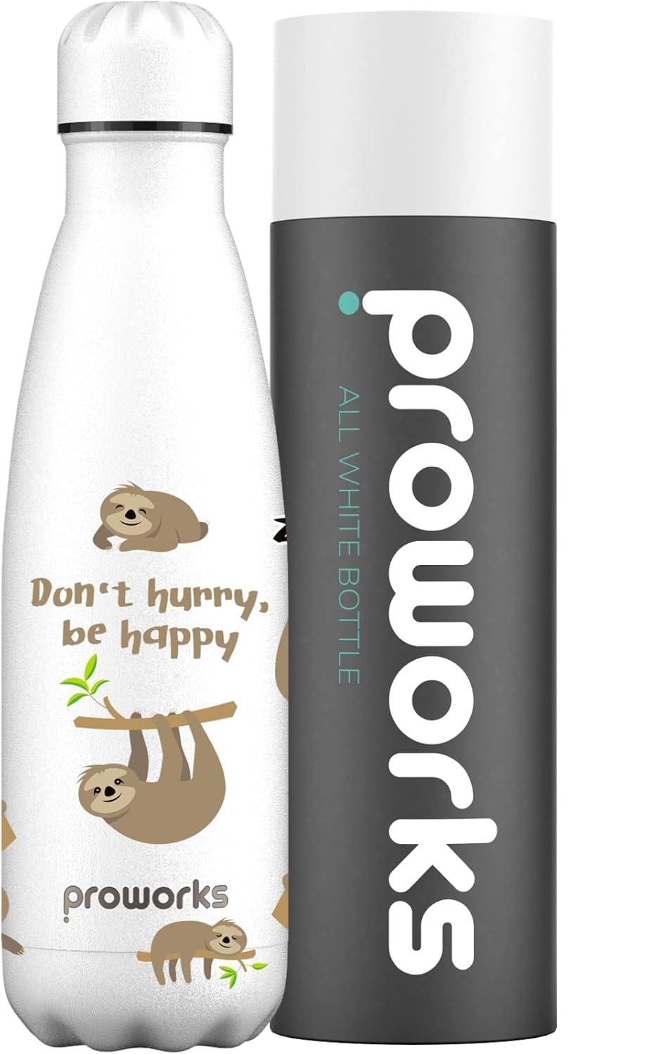 Sloth Water Bottle 500ml – Proworks Stainless Steel Insulated Water Bottle | Leakproof Screw Lid | Double Wall Vacuum Flask Keeps Drinks Hot 12 Hours Cold 24 Hours | BPA Free | White Sloth