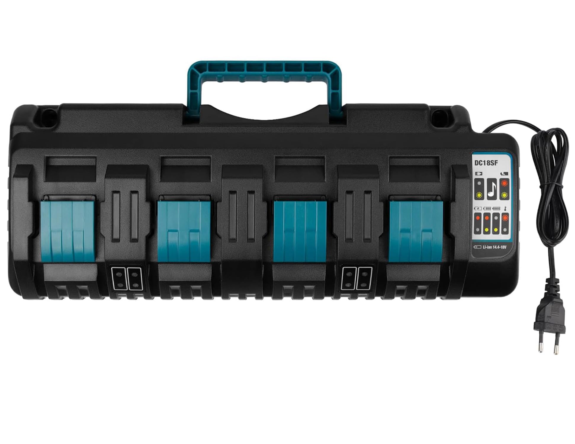 18V Cargador 4 Puertos DC18SF para Makita 14,4V-18V Batería BL1850 BL1815N BL1830 BL1840 BL1850 BL1860, BL1430 BL1415 BL1450, 3A Cargador Rápido con USB, Sustituye DC18RD DC18RE DC18RC DC18RA