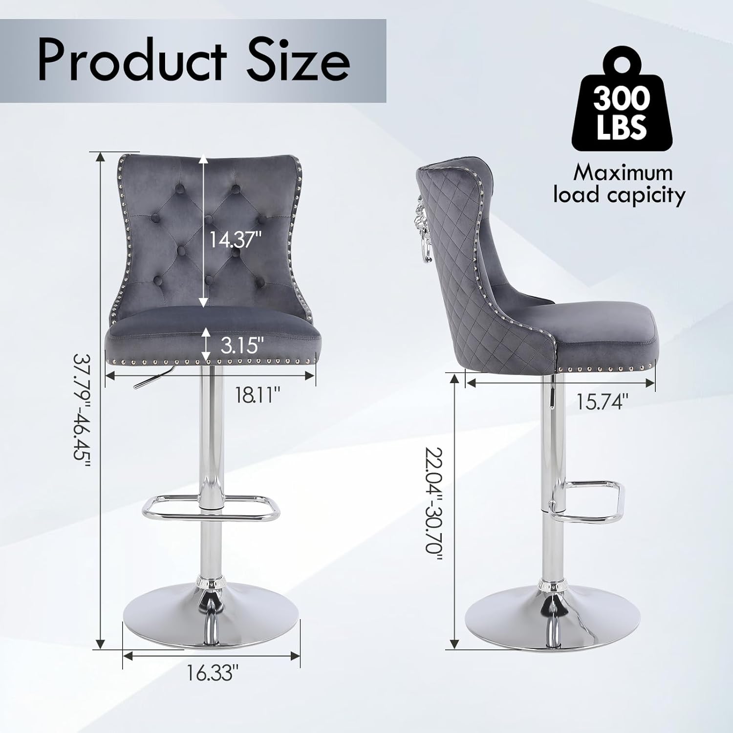 Velvet Bar Stools Set of 4,Modern Swivel Bar Height Stools with Lion Pull Ring,Adjustable Counter Height Chairs with Chrome Footrest/High Tufted Back for Kitchen Island/Dining/Cafe,Dark Grey