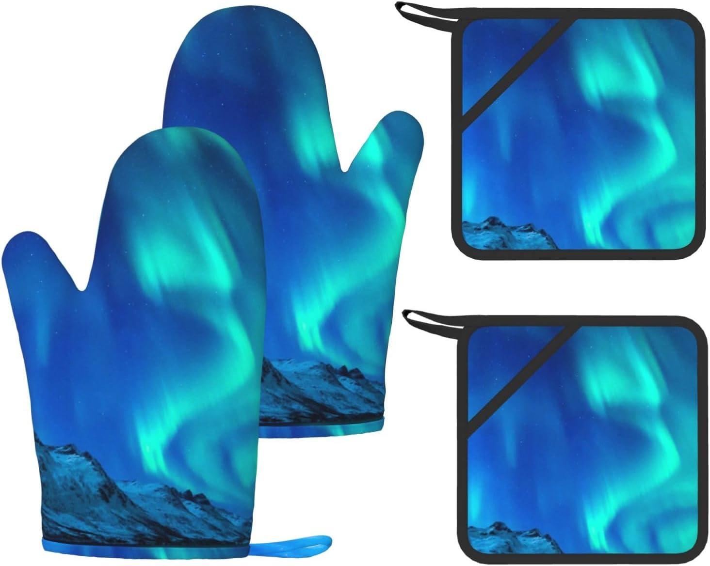 Northern Lights Oven Mitts and Pot Holders Set of 4 Heat Resistant Kitchen Gloves with Silicone Palm Hot Pads for Baking Cooking Grilling BBQ