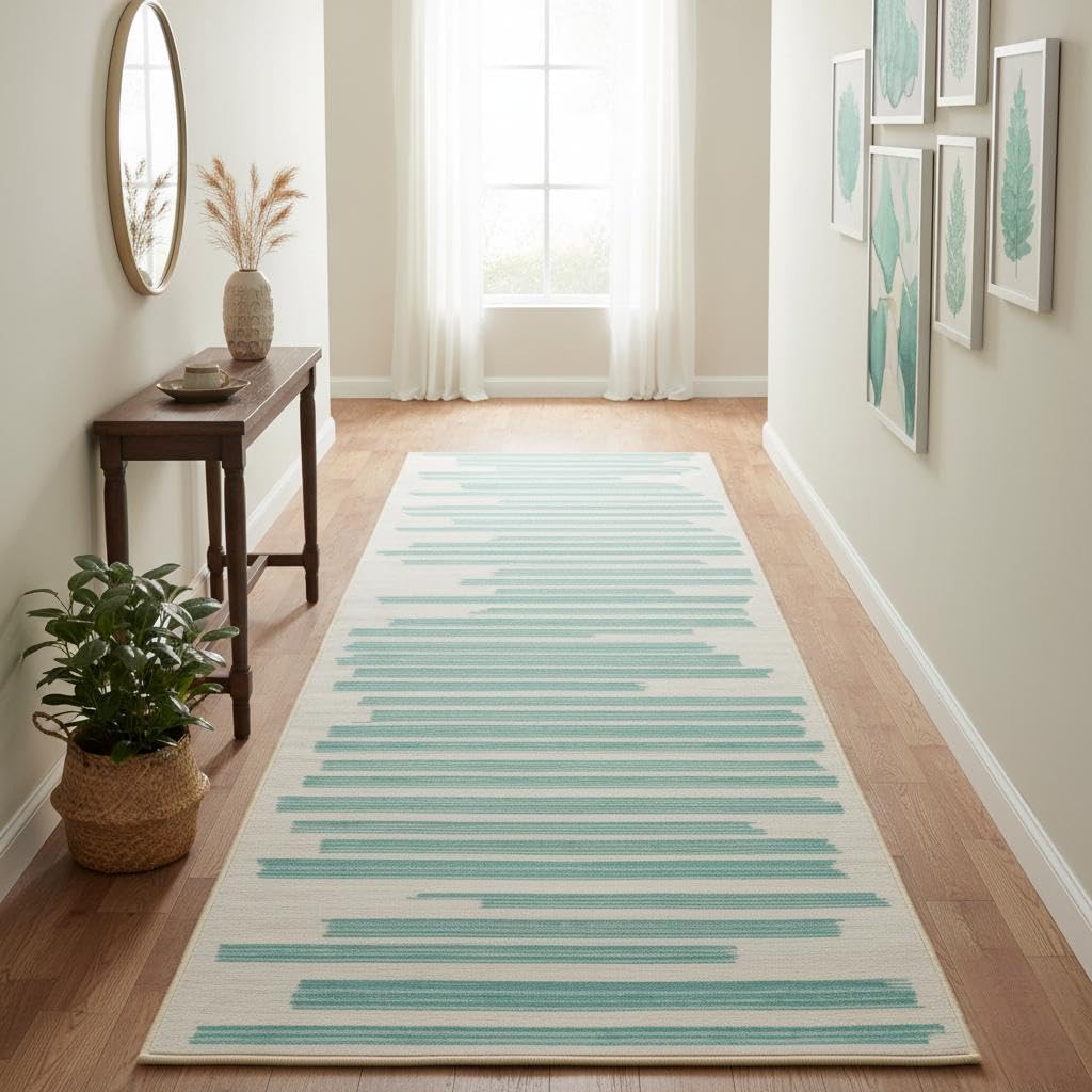 GarveeHome Turquoise 2x6 Runner Rug for Hallway: Modern Striped Non Slip Hallway Washable Runner Rug Low Pile Non-Slip Washable Carpet for Kitchen Striped Modern Soft Stain Resistant Carpet.