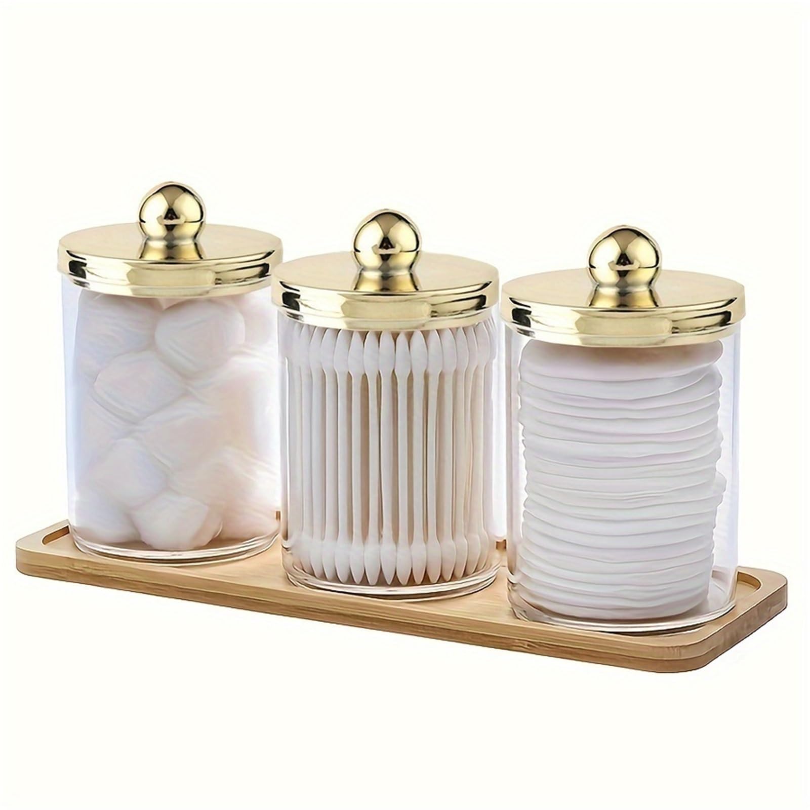 QuxetlRyz 3 Piece Bathroom Organizer - Cotton Swab Holder, Jar with Lid, Round Dispenser for Floss Cotton Buds Holder(Gold)