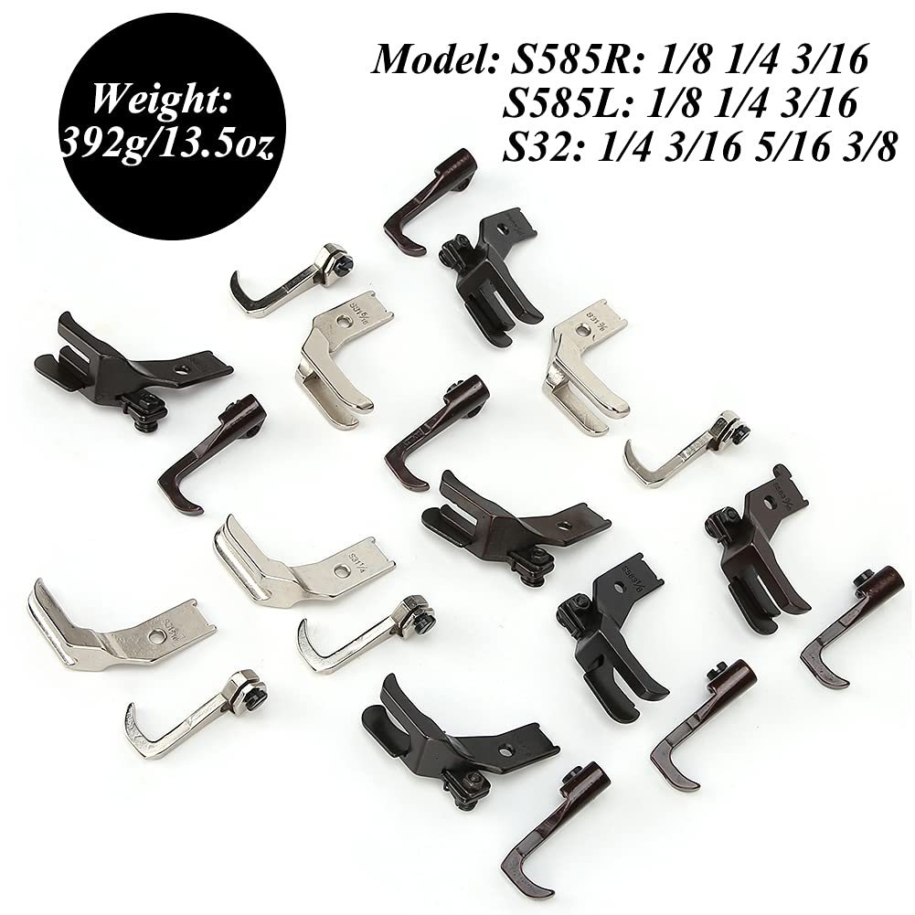 Zestaw stopek do maszyn do szycia przemysłowego Wangcmcol, 10 modeli, w tym S585R, S585L, S32 do rozmiarów 1/8 1/4 3/16 5/16 3/8, kompatybilny z LU-563 i innymi maszynami