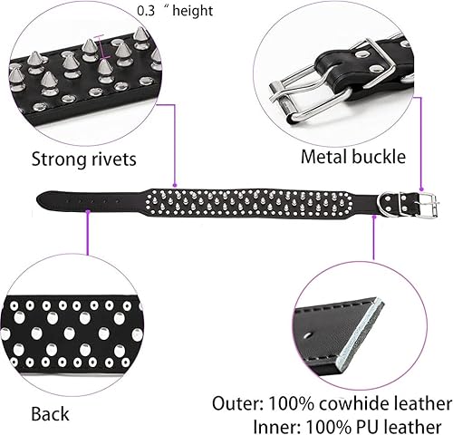 Miniatura 4 de Hotlion Collar de perro con púas de hongo de 2 pulgadas de ancho, suave piel sintética con remaches y tachonados, ajustable para perros medianos y