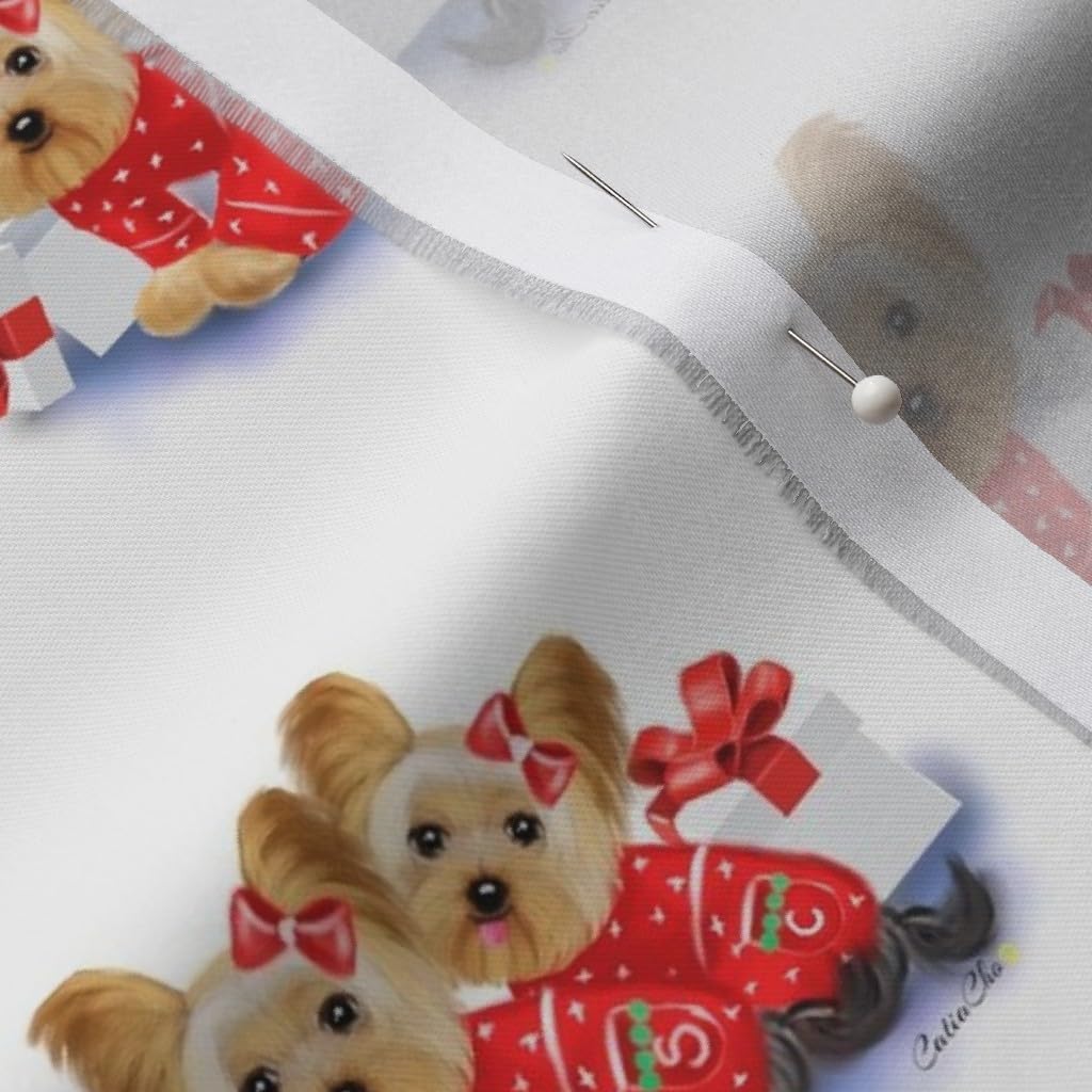 Spoonflower Fabric - Yorkie Christmas Dogs Holidays Printed on Organic Cotton Sateen Fabric by The Yard - Sewing Quilting Apparel Home Decor