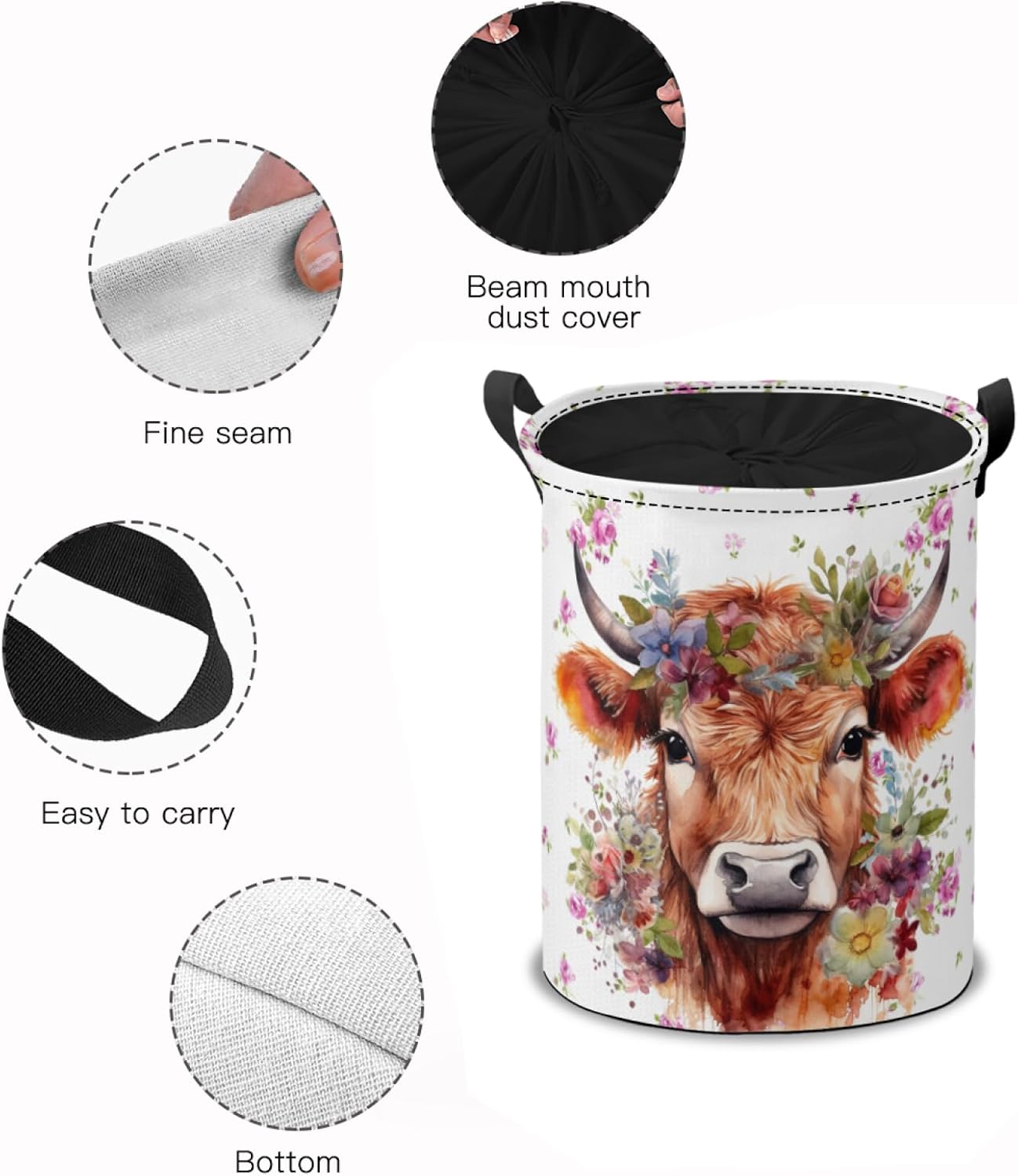 Highland Cow with Flowers Laundry Hamper Basket,Cattle Collapsible Portable Laundry Bag, Storage Bins Toys Storage Gifts Basket, Bedroom Home Nursery Decor for Baby Girl Women