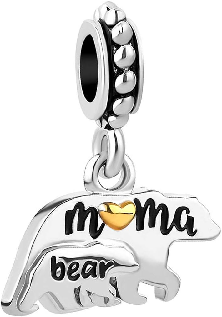 SBI JewelryMama Baby Bear Heart Dangle Charm Compatible Pandora Charm Bracelet Gift Mother Son Daughter Christmas Family keychain Pendant Gold Anniversary Birthday