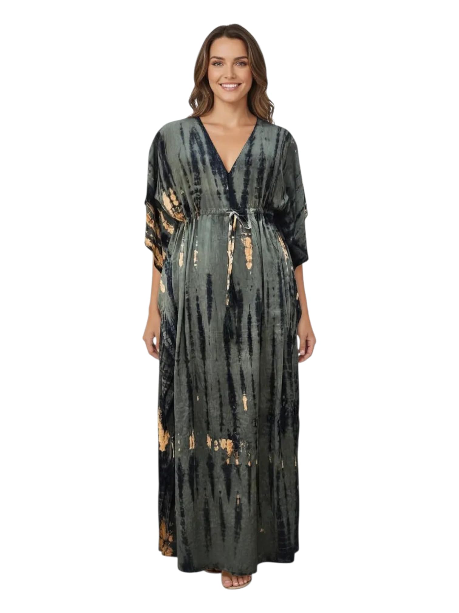 Women's Rayon Hand Tie-Dye Kaftan Top/Maxi Night Dress (Free Size) Grey-image-13