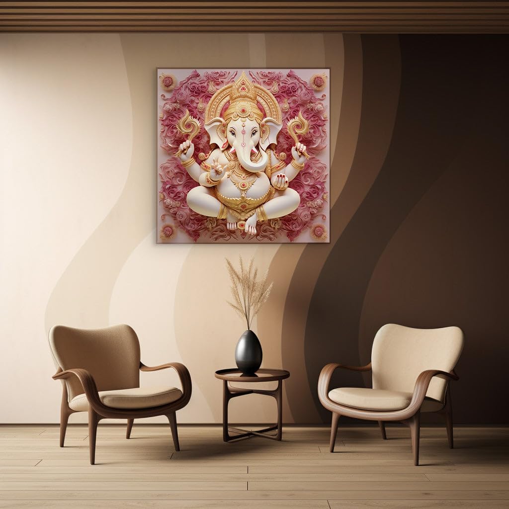 Canvas for Living room. Divine Elegance Unveiled in a 3D Rendering of Lord Ganesha Adorned with Golden Splendor, 27 x 18 inch Canvas Wall Art - Contemporary Masterpieces - Modern Home Decor