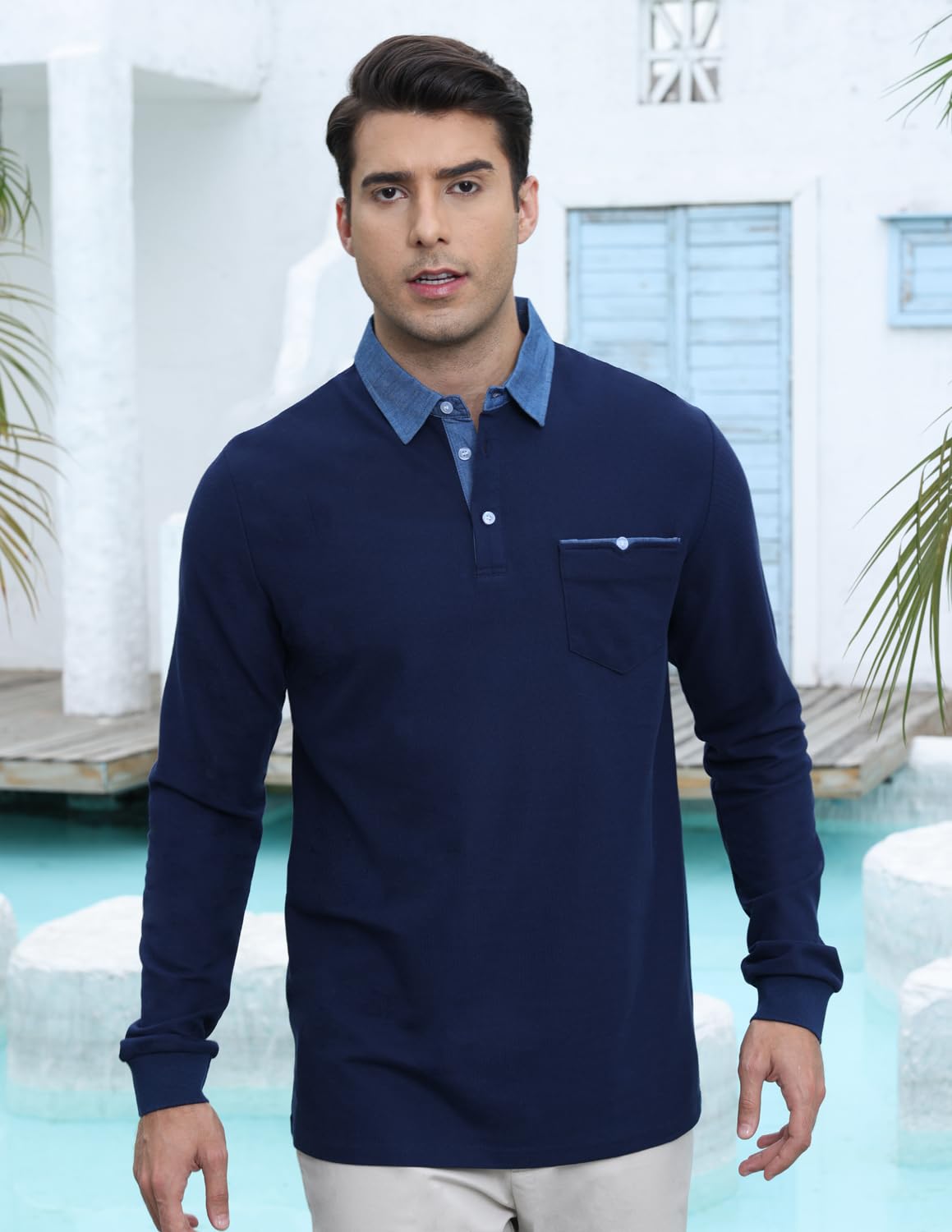 LIUPMWE Manica Lunga da Uomo Puro Cotone Elegante Top Cuciture Classiche Maglietta Commerciale Camicia