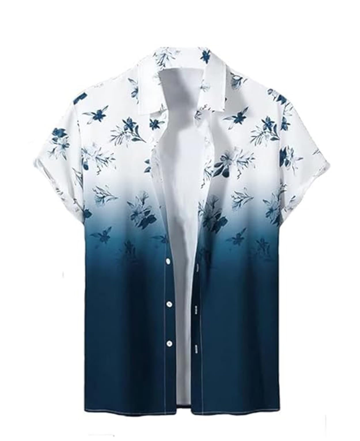 ngiva Floral Gradient Button-Down Shirt, Navy Blue to White Ombre, Scattered Flower Print-picture-48