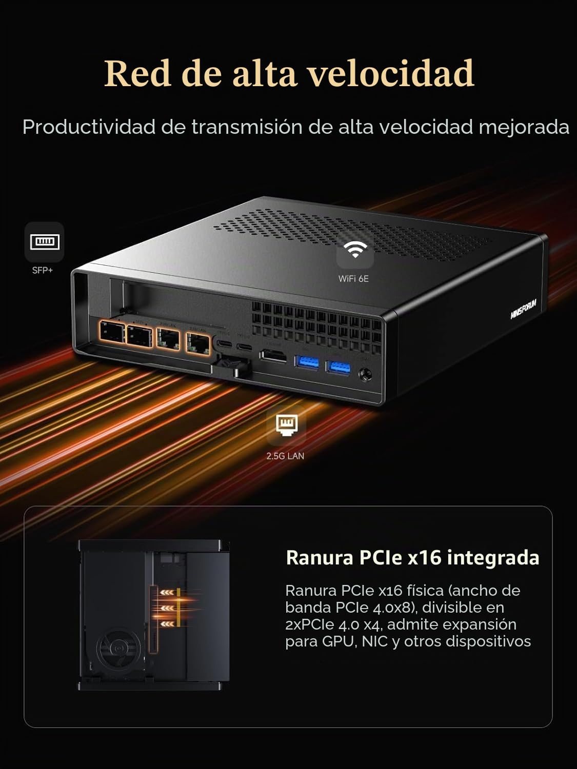 MINISFORUM MS-A2 Mini PC, AMD Ryzen 7 7745HX (8C/16T hasta 5,1 GHz), PCIe x16, 8K Triple Display (HDMI + 2X USB-C), 2X 10G SFP+, 2X 2,5G LAN, 3X M.2 SSD, sin RAM/SSD