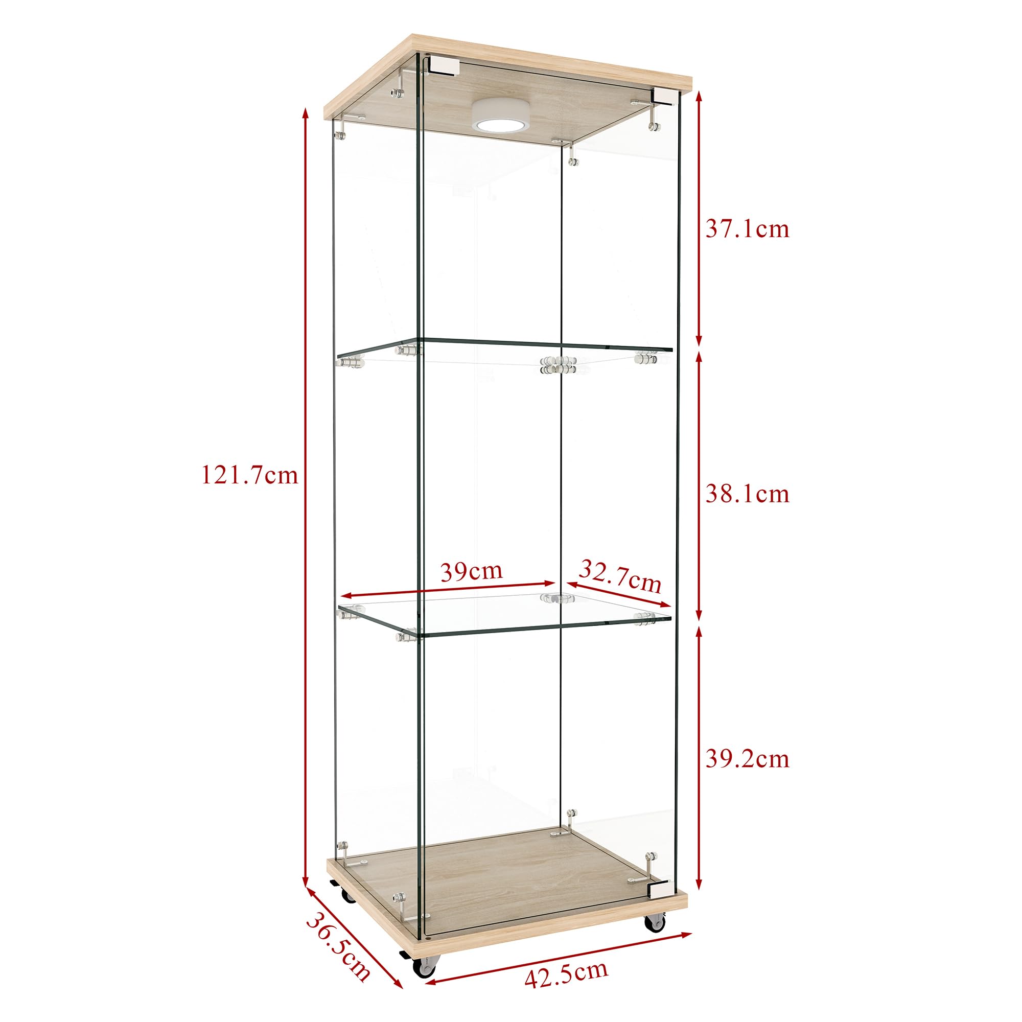 Vetrina in vetro temperato, adatta per soggiorno e camera da letto, design a 3 ripiani, effetto legno naturale, altezza 120 cm, larghezza 42,5 cm, profondità 36,5 cm