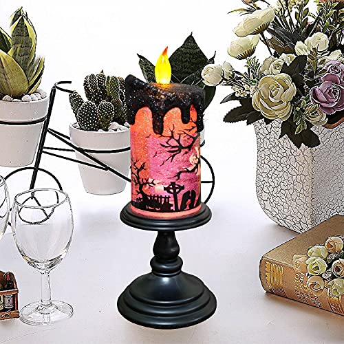 Image of Halloween Flameless Candle Snow Globe Battery Operated with 6 Hour Timer, Purple Light Ghost Decal Water Tornado Lamp LED Candlestick Halloween Season Decor Gift 4 x 10 Inches