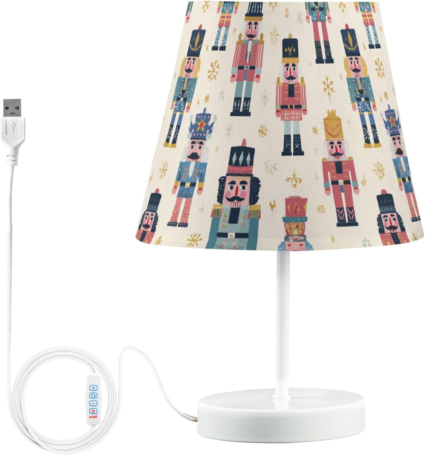 3-Color Dimmable LED Bedside Table Lamp,Cute Christmas Colors Nutcrackers Snows Linen Nightstand Light by USB Port,12" High Desk Decor for Living Room Nursery Bedroom Office Cafe