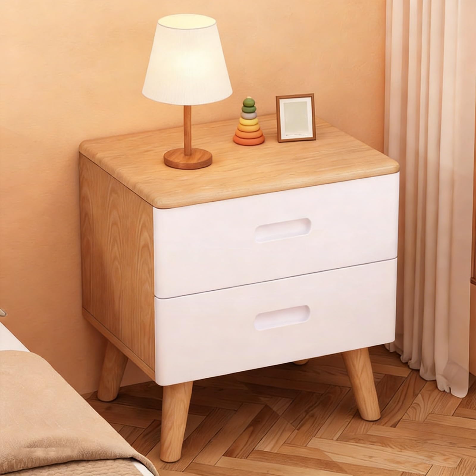 SXZenSpace Farmhouse Nightstand Solid Wood Bedside Table with 2 Drawers Side Storage Nightstands for Living Room Hallway(White,35x35x50cm)