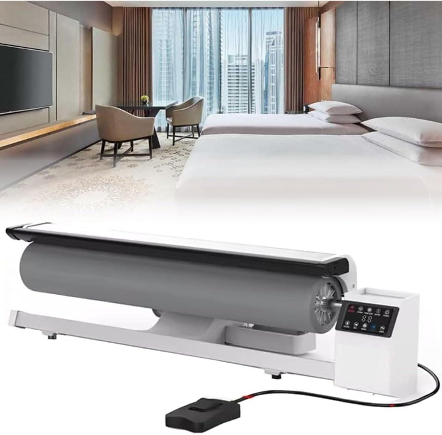 Rotationsdampfpresse, Bügeleisen mit rotierenden Walzen, Hotelwäschebügelmaschine, für den gewerblichen und privaten Gebrauch. Für Bettwäsche, Kissenbezüge und Kleidung.