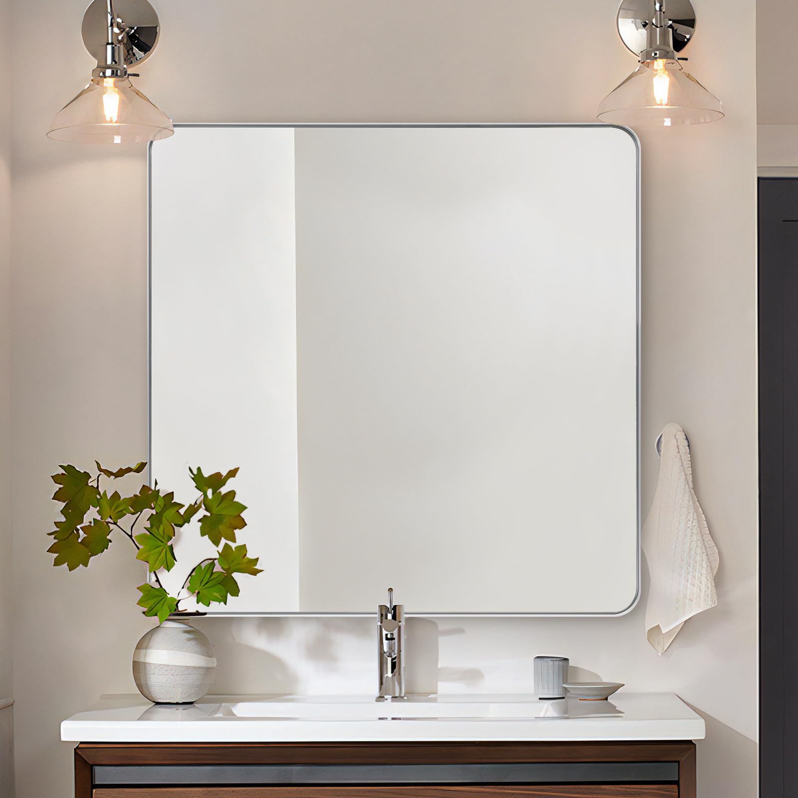 ANDY STARSquare Brushed Nickel Mirror for Bathroom, Silver Rectangular Vanity Wall Mirror, 36"x36" Modern Non-Rusting Metal Frame SilverBathroom Mirror, Hangs Horizontally or Vertically
