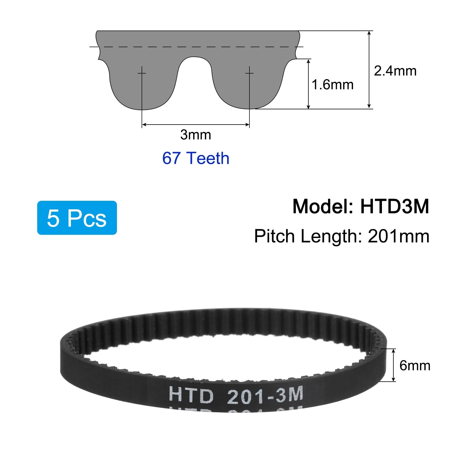 uxcell 5pcs HTD-3M Rubber Timing Belt 67 Teeth, 201mm L x 6mm Wd x 2.4mm H — Amazon image 2