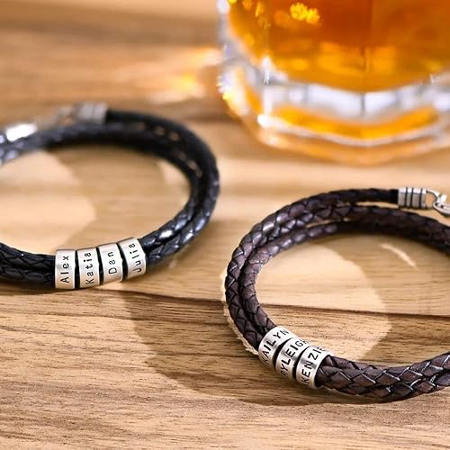 Vista 19 de Handmade Personalized Navigator Men's Genuine Leather Bracelet with Small Custom Beads in Sterling Silver - Custom Man Birthday Anniversary Jewelry