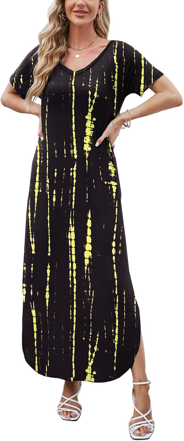 HUSKARY Women's Summer Maxi Dress Casual Loose Pockets Long Dress Short Sleeve Split Maxi Dresses - Image 5