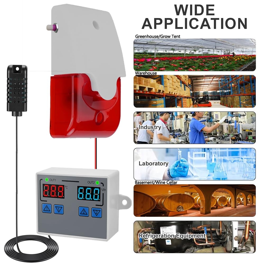 Termoigrometro digitale con allarme acustico e ottico (0-120 dB) | Display LCD con limiti di temperatura e umidità regolabili. Ideale per tende da coltivazione, fabbriche, cantine